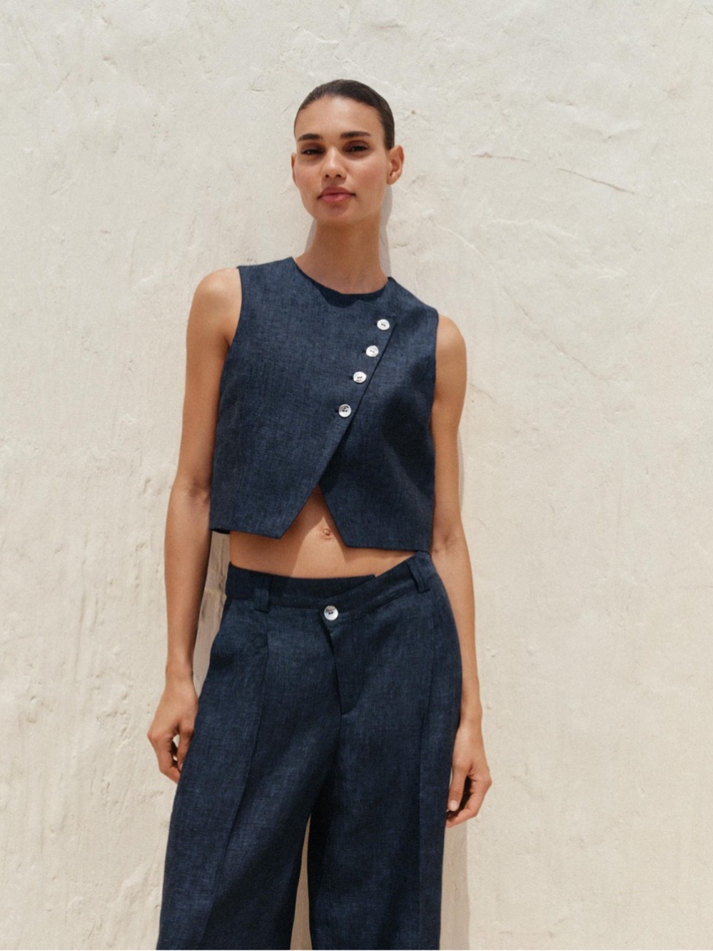 Zara Textured Button Front Vest Top Navy Blue NWT 8129/979